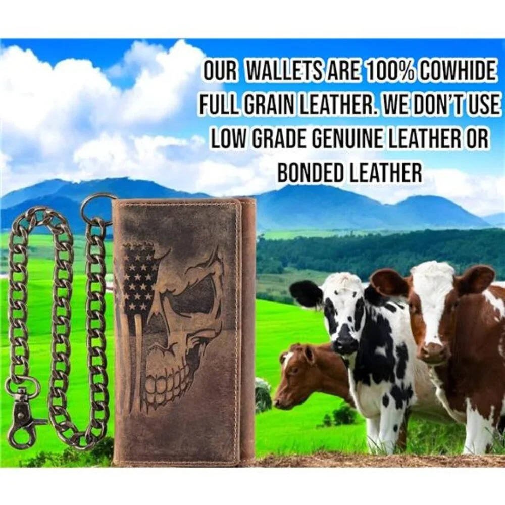 CLASSIC RFID Blocking Mens Tri-fold Long Style Cowhide Leather Steel Chain